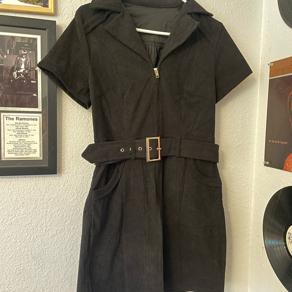Black Corduroy Belted Dress